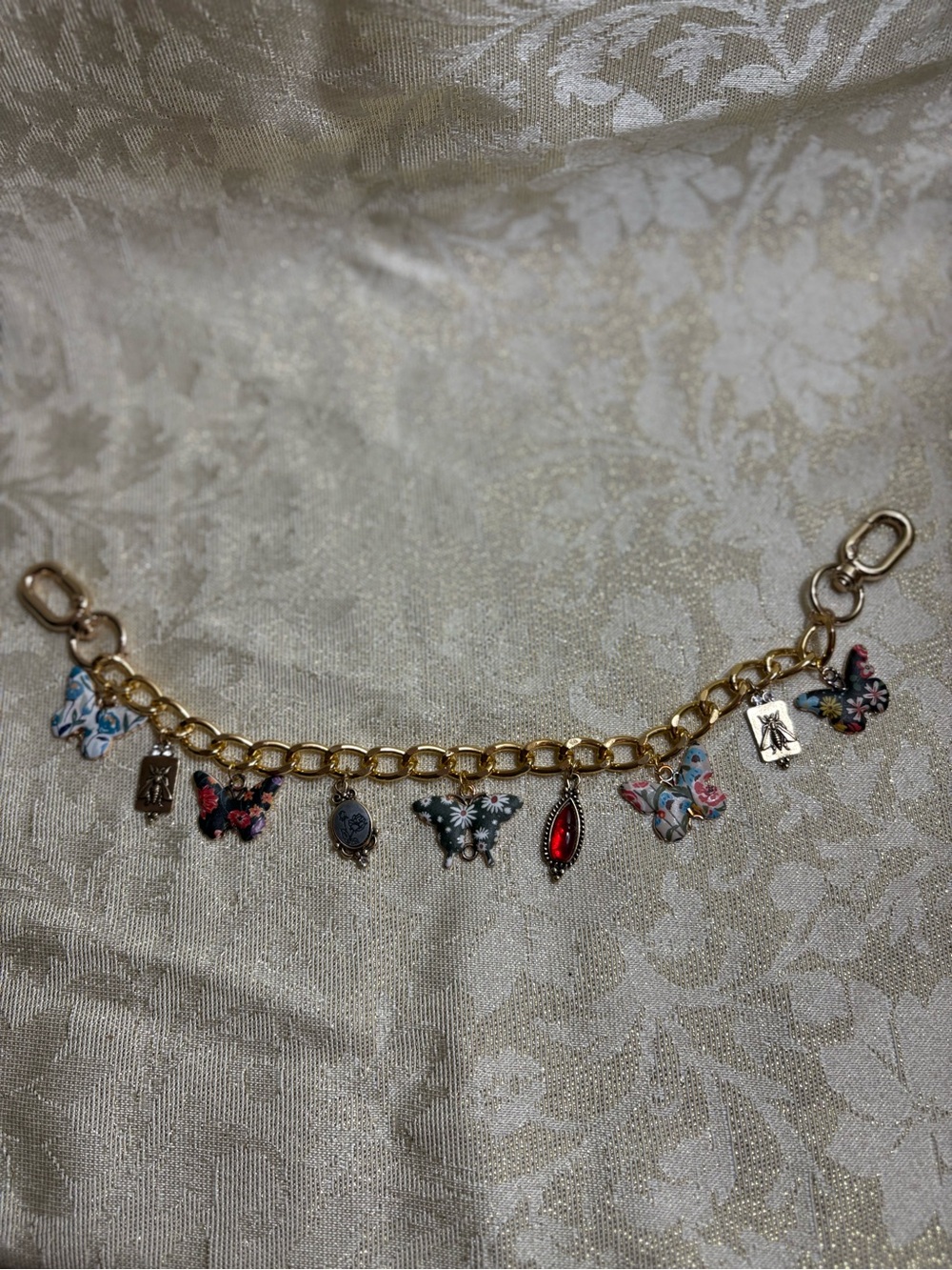 Gold-tone Handbag Charm Chain with Floral Butterflies & Multi-color Charms